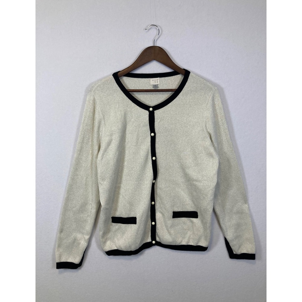 Elevated Basic Womens Ivory Sparkle Knit Cardigan‎ Button Front Black Trim XL